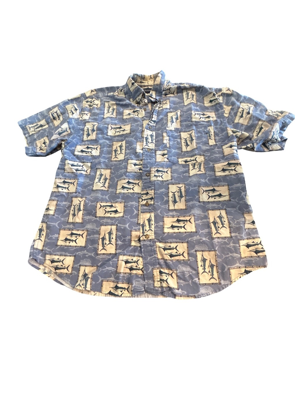 Puritan Men’s Large Marlin Swordfish Hawaiian Camp Shirt Blue Cotton Coastal